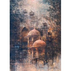 A. Q. Arif, Golden Minarets, 18 x 24 Inch, Oil on Canvas, Cityscape Painting, AC-AQ-213